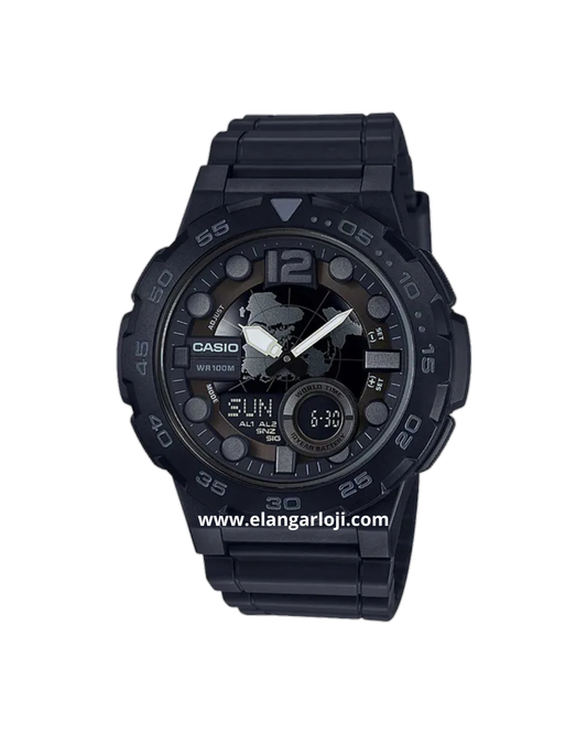 CASIO AEQ-100W-1BVDF Men Digital Analog Display Dial Black Resin Band