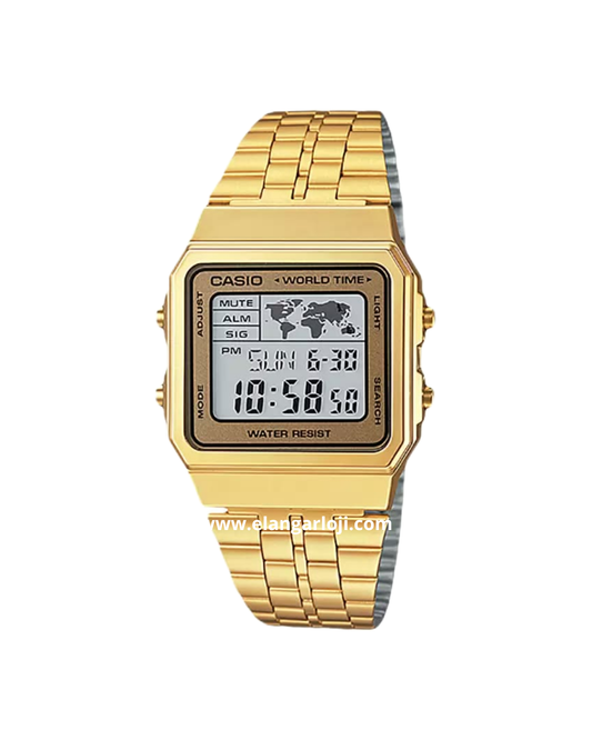 CASIO A500WGA-9DF World Time Digital Dial Gold Stainless Steel Band