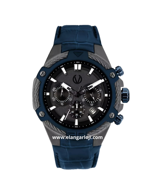 CHRIST VERRA CV 53605G-2C GUN Blue Grey Leather Strap