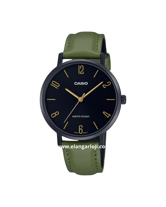 CASIO LTP-VT01BL-3BUDF Ladies Black Dial Green Leather Band