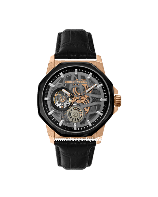 CHRIST VERRA CV 53603G-28 BLK Automatic Black Rosegold Leather Strap