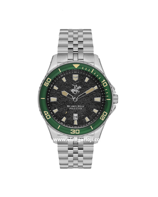 BEVERLY HILLS POLO CLUB BP3559X.360 Silver Ring Green Dial Black Stainless Steel