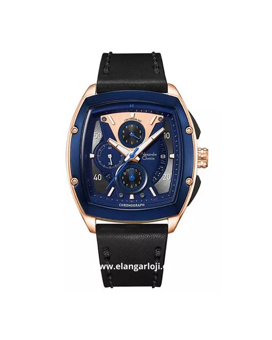 ALEXANDRE CHRISTIE AC 6610 MC Black Rosegold Dial Blue Leather Strap